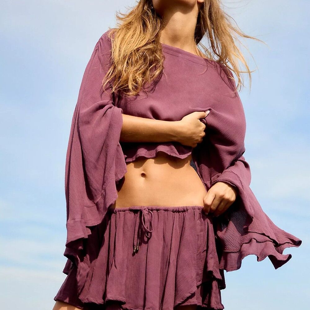 Free People Free Est Delilah Cropped Blouse Top Ruffle Boat Neck Solid M 291052